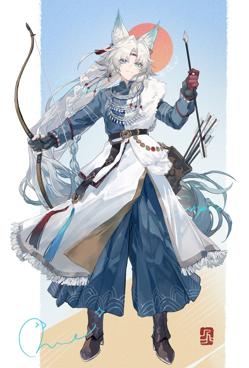 1girl, alternate_costume, animal_ear_fluff, animal_ears, arrow_(projectile), belt, black_boots, blue_hanfu