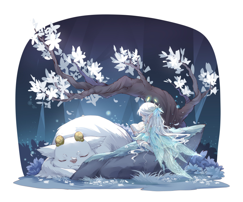1girl, absurdres, barefoot, book, border, butterfly_hair_ornament, chibi, chinese_commentary