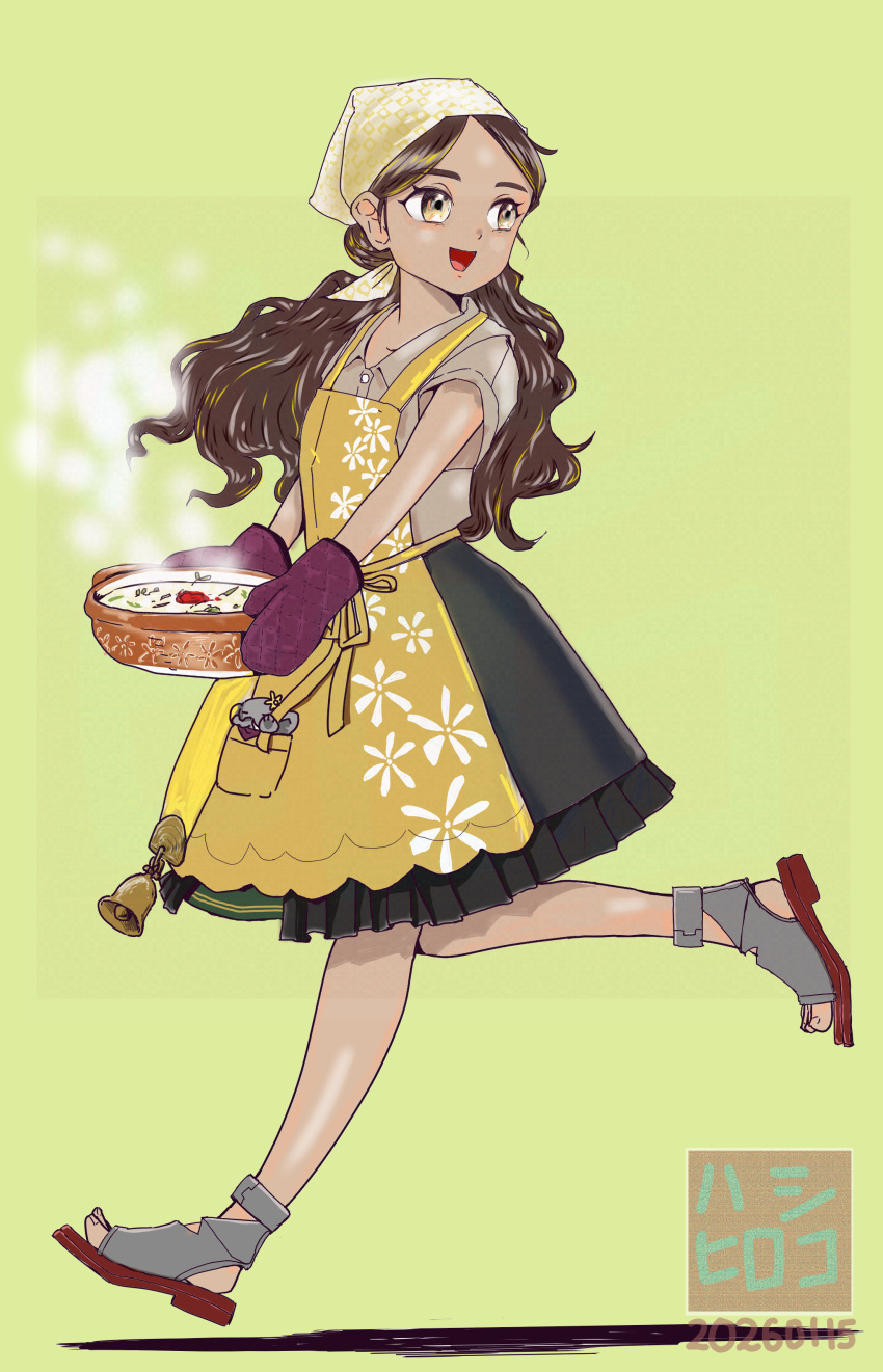 1girl, absurdres, apron, bandana, black_skirt, blonde_streaks, bowl, brown_shirt