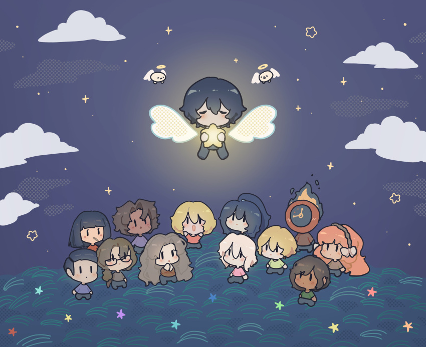 1other, 6+boys, 6+girls, absurdres, black_hair, blonde_hair, brown_hair, chibi