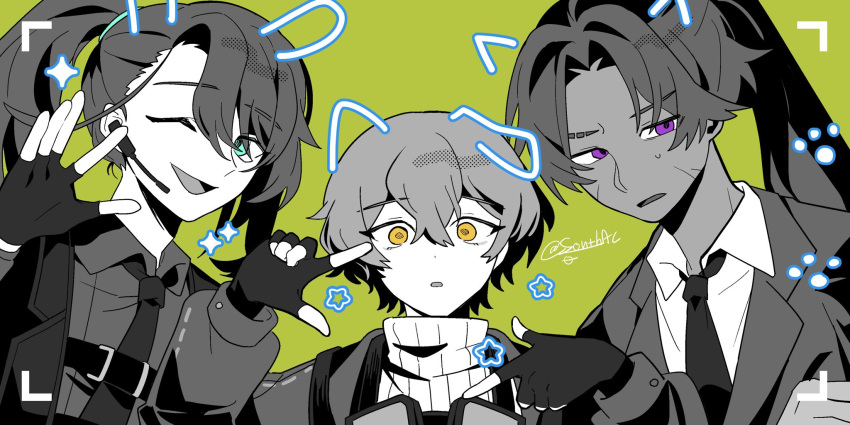 3boys, black_gloves, black_suit, blue_eyes, dark-skinned_male, dark_skin, earpiece, fingerless_gloves