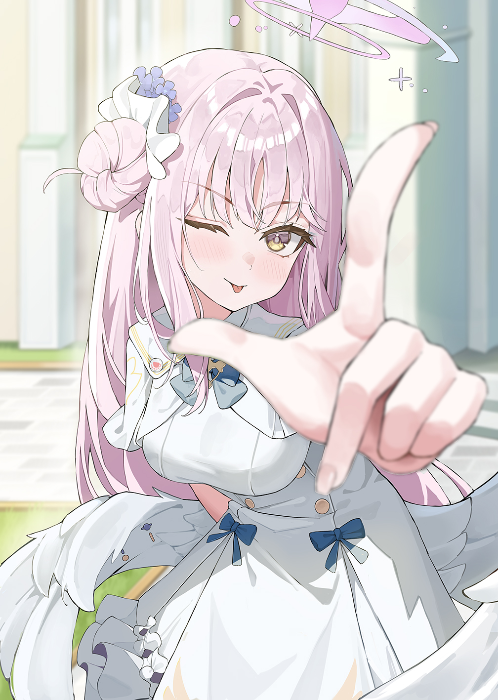 1girl, :p, blue_archive, blue_bow, blue_flower, blurry, blurry_background, blush