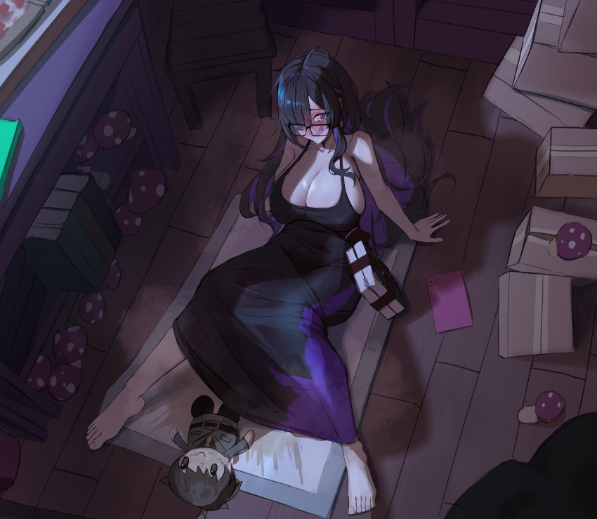 1girl, absurdres, barefoot, black_dress, black_hair, blush, book, box, breasts, chair, character_doll, colored_inner_hair, commander_(nikke), commentary_request, doll, dress, full_body, glasses, goddess_of_victory:_nikke, highres, huge_breasts, implied_after_masturbation, indoors, kaba_(hama), label_(nikke), long_hair, multicolored_hair, mushroom, nervous_smile, purple_dress, purple_hair, smile, solo, two-tone_dress, two-tone_hair, violet_eyes