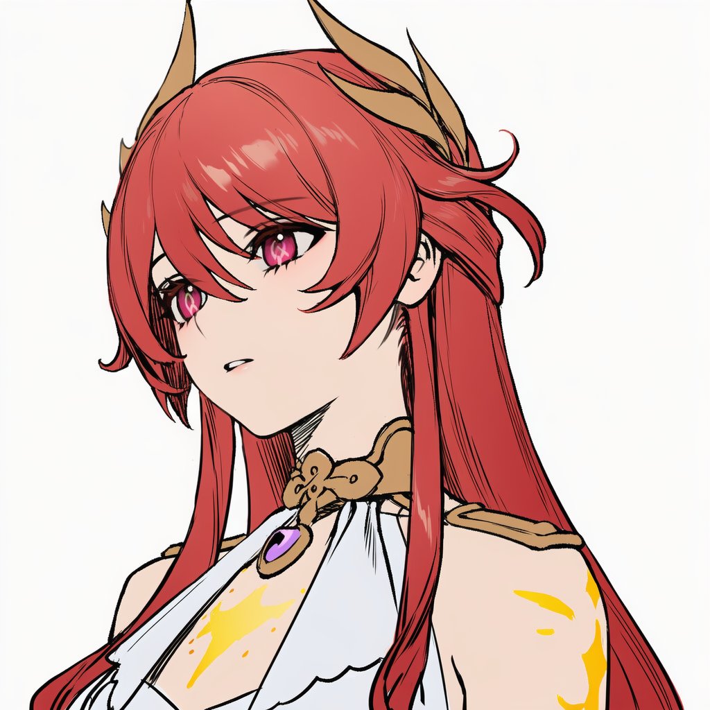 1girl, bare_shoulders, breasts, dress, genshin_impact, hashtag-only_commentary, jewelry, long_hair, open_mouth, red_eyes, red_hair, solo, sonnet_(genshin_impact), upper_body, white_dress, whitia100