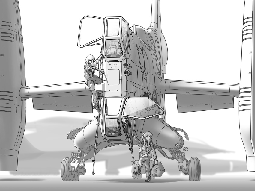 1boy, 1girl, bag, boots, cockpit, commentary_request, flight_suit, floodlights