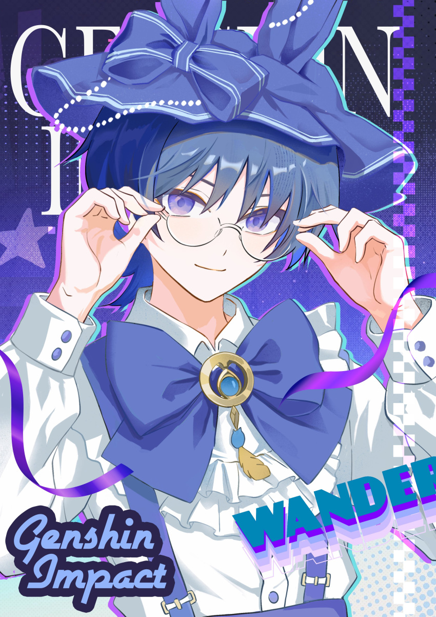 1boy, absurdres, blue_bow, blue_eyes, blue_hair, blue_hat, bow, brooch