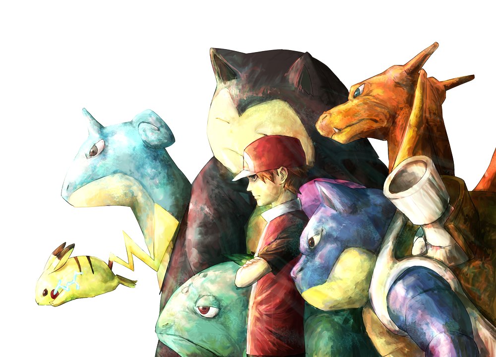 1boy, blastoise, brown_hair, charizard, lapras, pikachu, pokemon, pokemon_(creature), red_(pokemon), snorlax, venusaur, wooperlooper