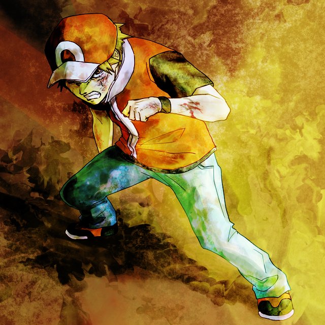 1boy, alternate_costume, alternate_headwear, bad_id, baseball_cap, beaten, blood, brown_eyes