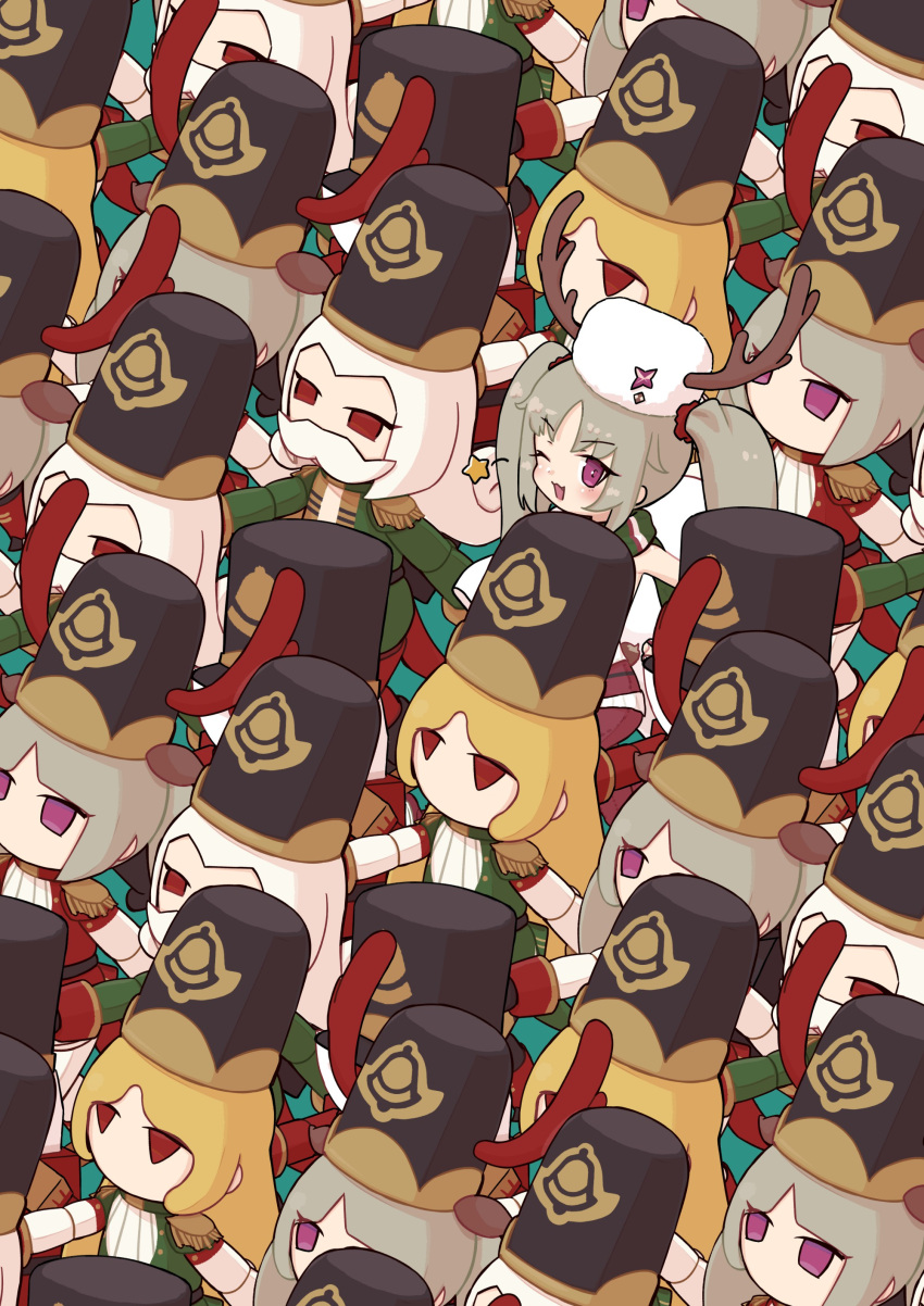 1girl, ;d, absurdres, black_hat, blonde_hair, blue_background, commentary, english_commentary