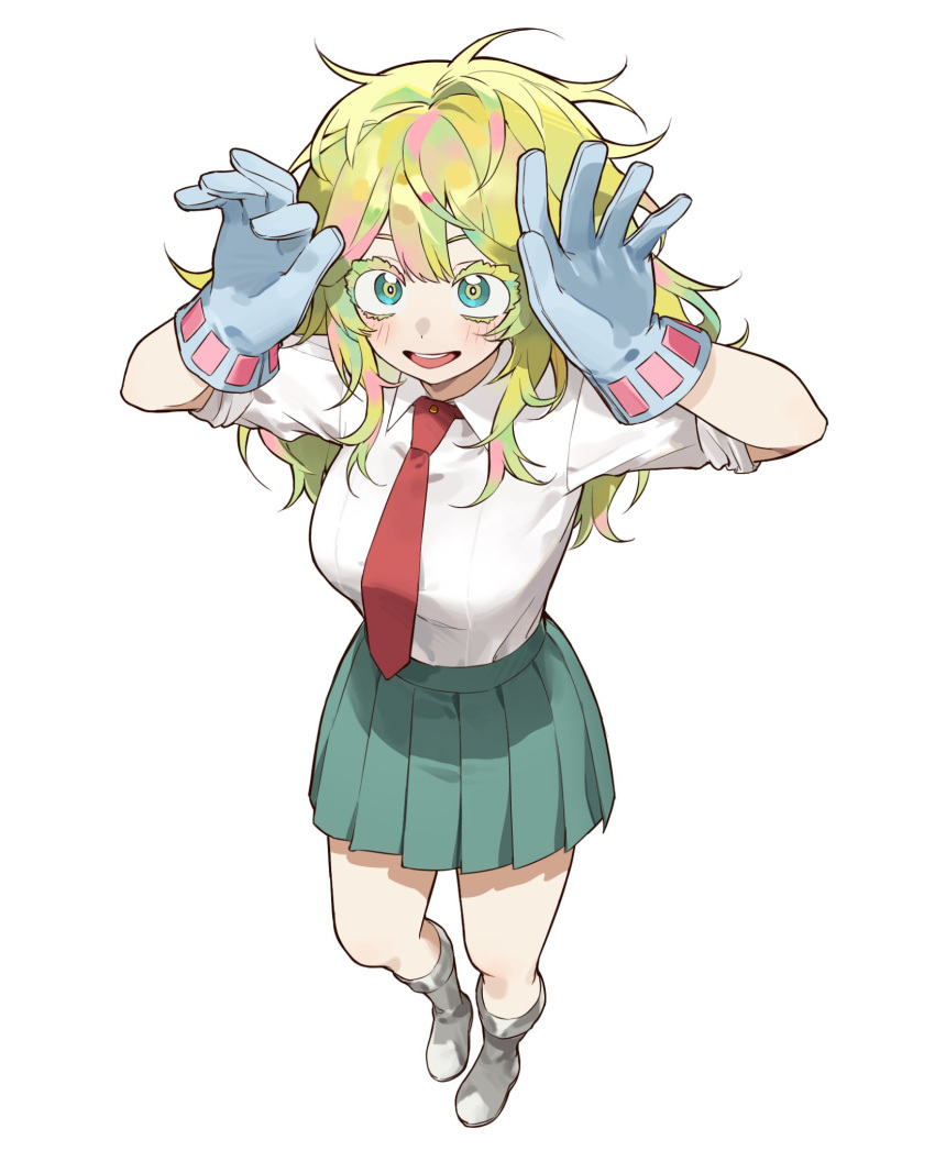 1girl, ahha3_good, aqua_eyes, blonde_streaks, blue_gloves, blush, boku_no_hero_academia, boots