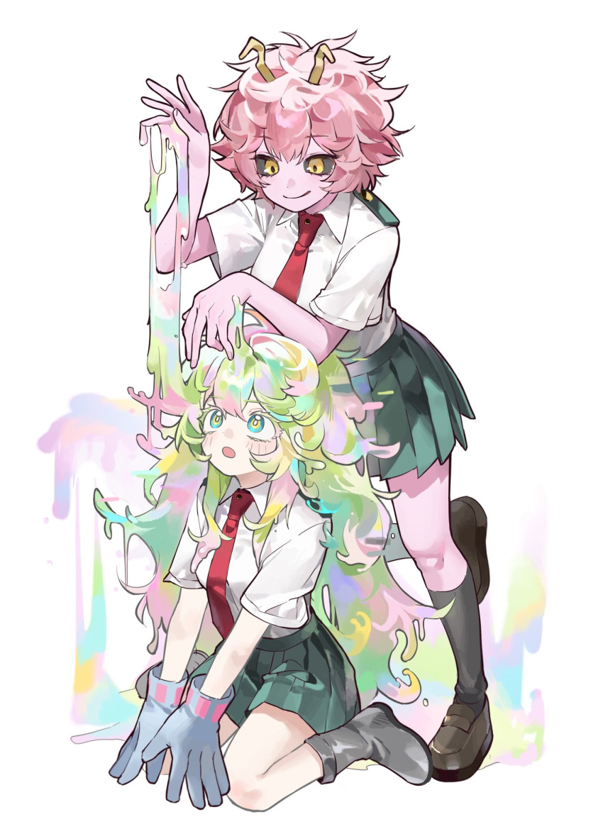 1girl, ahha3_good, antennae, ashido_mina, black_sclera, black_socks, blonde_streaks, blue_gloves
