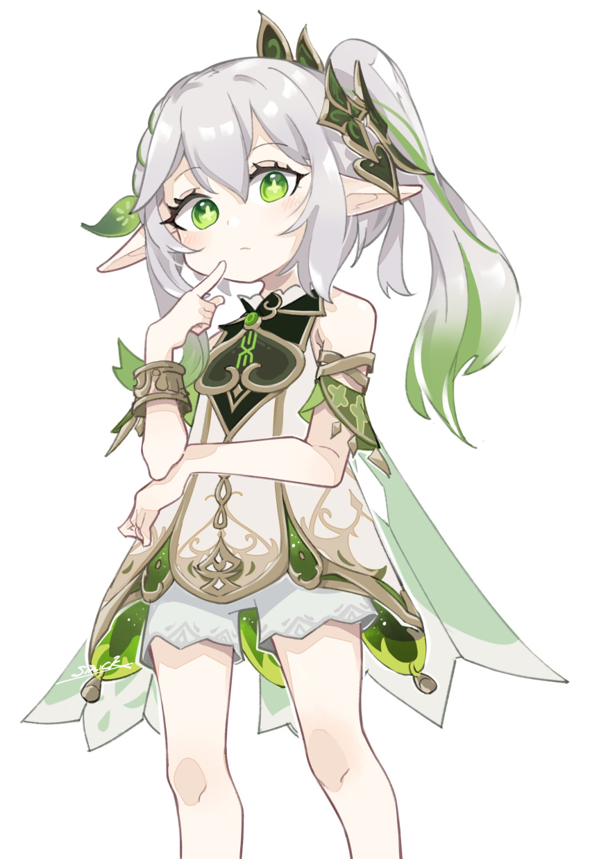 1girl, absurdres, blush, commentary_request, genshin_impact, green_eyes, green_highlights, grey_hair, highres, looking_at_viewer, nahida_(genshin_impact), pointy_ears, sin:ck, solo, standing, white_background