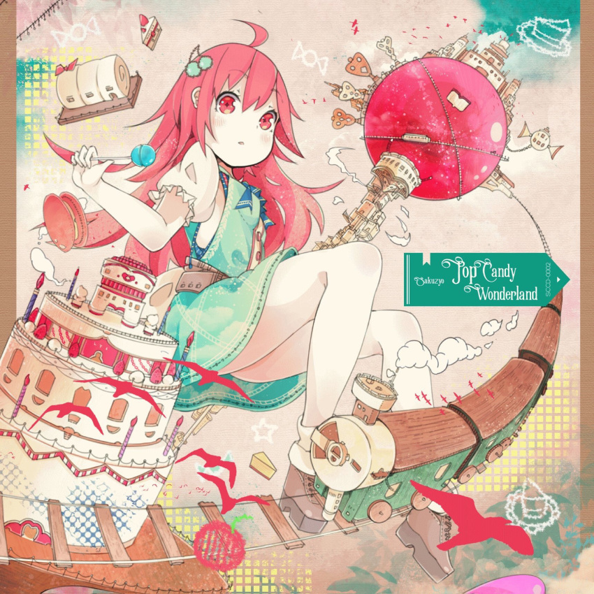 1girl, 2016, album_cover, blush, breasts, cake, candy, commentary_request
