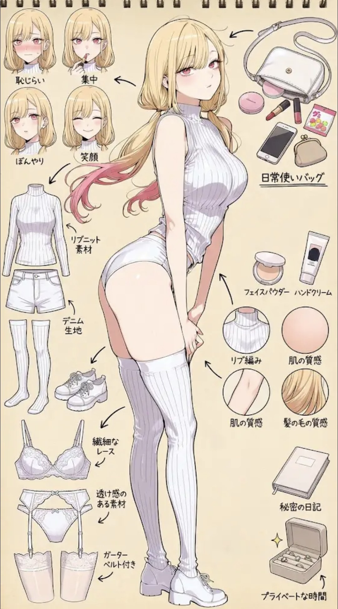 1girl, ahoge, alternate_costume, blonde_hair, book, compact_(cosmetics), expressions, from_side