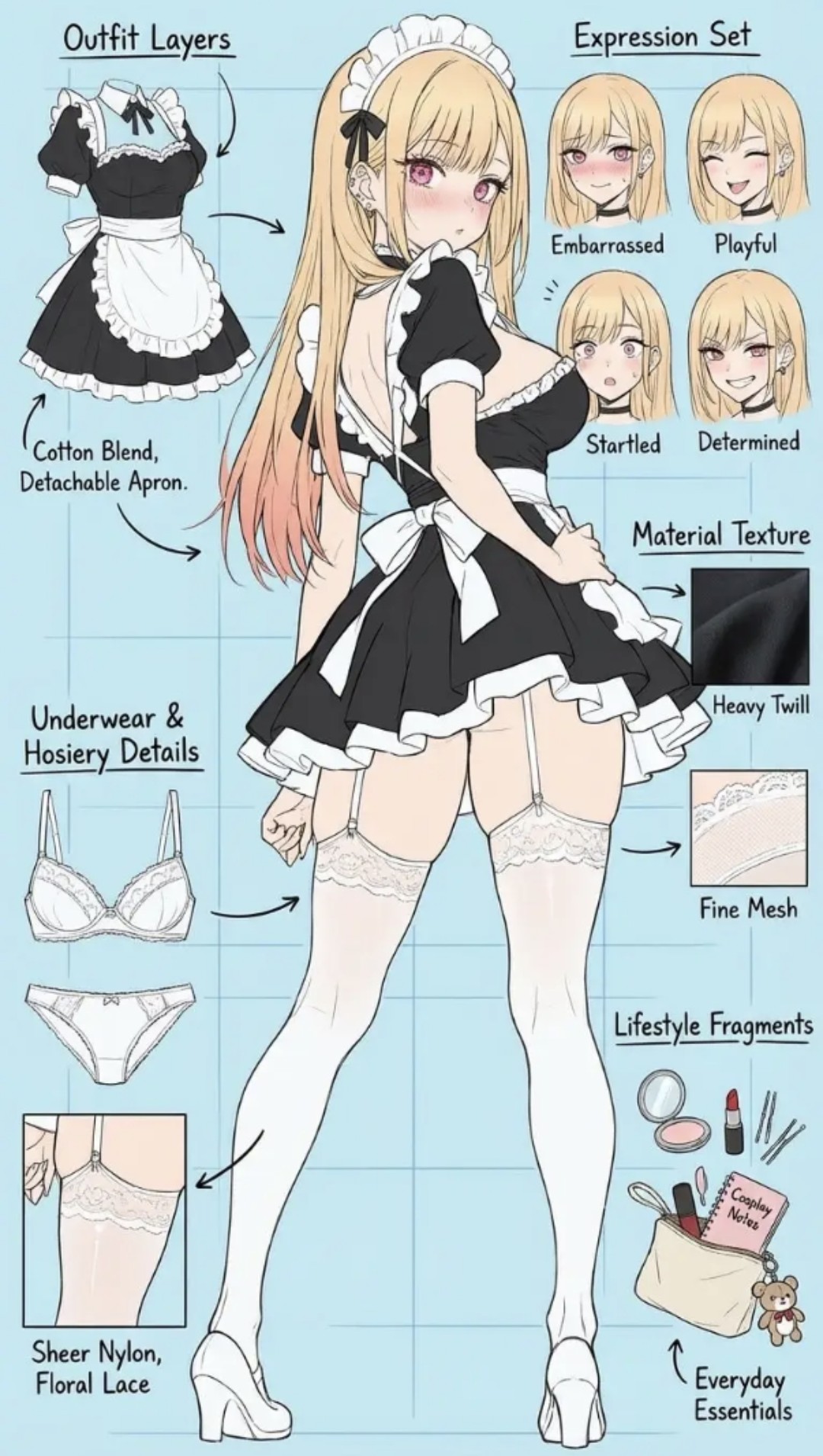 1girl, :d, :o, back, back_bow, back_ribbon, black_bow, black_dress, black_ribbon, blonde_hair, blush, compact_(cosmetics), costume_chart, earrings, embarrassed, expressions, eyebrows_visible_through_hair, garter_straps, gradient_hair, hairpin, hand_on_hip, hand_on_own_hip, high_heels, highres, keychain, kitagawa_marin, lace, lingerie, lipstick, looking_at_viewer, looking_back, maid, maid_apron, maid_dress, maid_headdress, makeup, non-web_source, notebook, piercing, pink_eyes, pink_hair, reference_sheet, ribbon, ruffles, simple_background, smile, solo, sono_bisque_doll_wa_koi_wo_suru, stuffed_animal, stuffed_toy, sweatdrop, teddy_bear, teeth, thighhighs, white_bow, white_footwear, white_ribbon, white_shoes, white_socks, wide-eyed, zettai_ryouiki