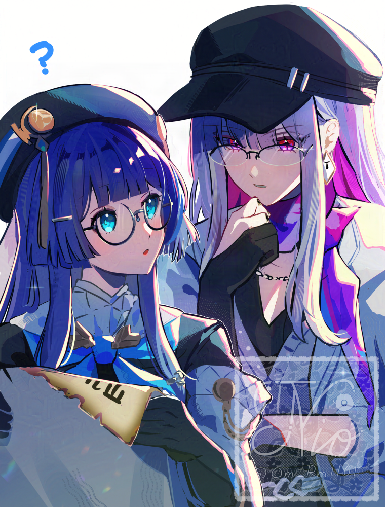 2girls, ?, beret, blue_eyes, blue_hair, blunt_bangs, colored_inner_hair, commentary_request, earrings, glasses, gloves, hat, hat_ornament, holding, holding_paper, honkai:_star_rail, honkai_(series), jacket, jewelry, long_hair, multicolored_hair, multiple_girls, neckerchief, necklace, nihilux_(honkai:_star_rail), om_rm1101, paper, parted_lips, pela_(honkai:_star_rail), pink_eyes, shirt, white_hair
