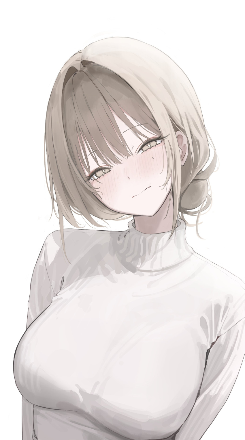 1girl, absurdres, blonde_hair, blush, breasts, bright_pupils, closed_mouth, embarrassed