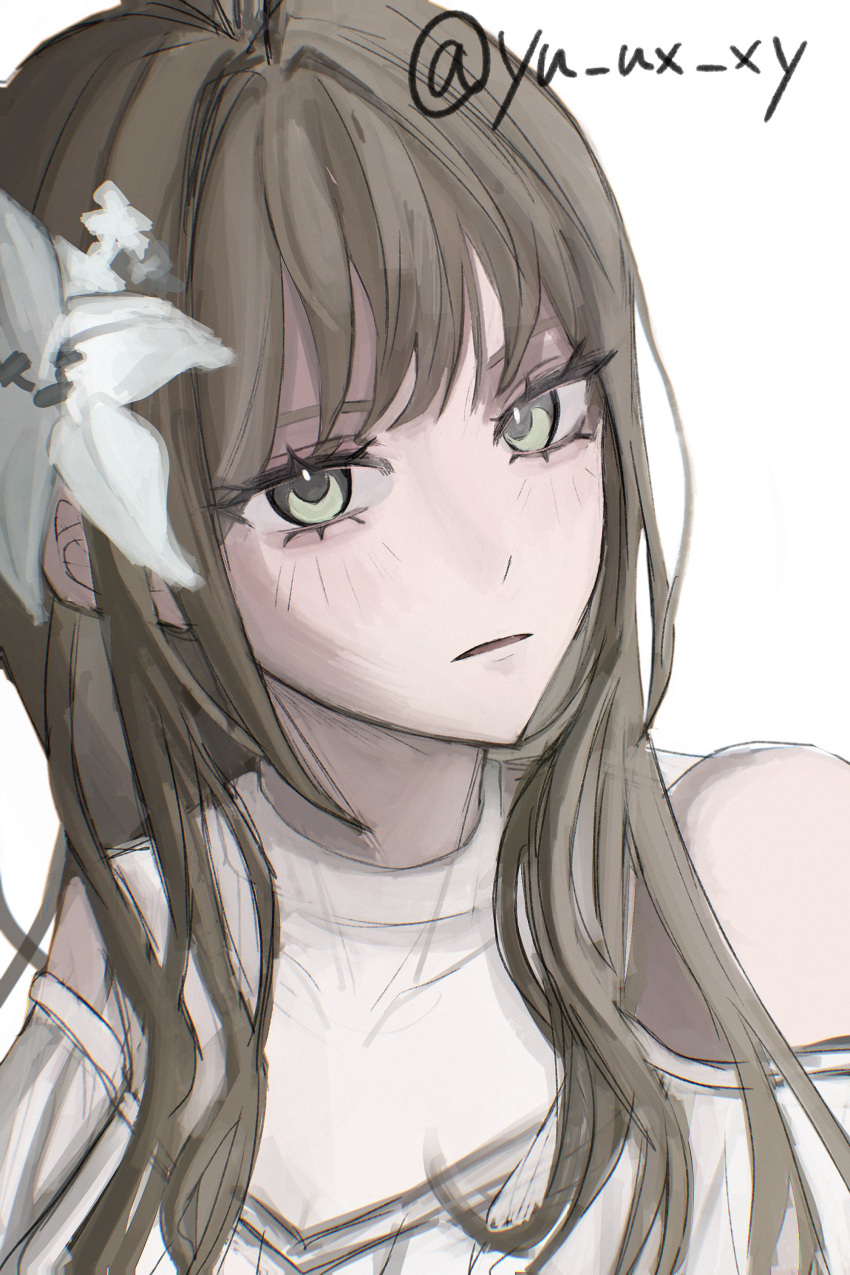 1girl, absurdres, bang_dream!, bang_dream!_our_notes, clothing_cutout, commentary_request, flower, green_eyes