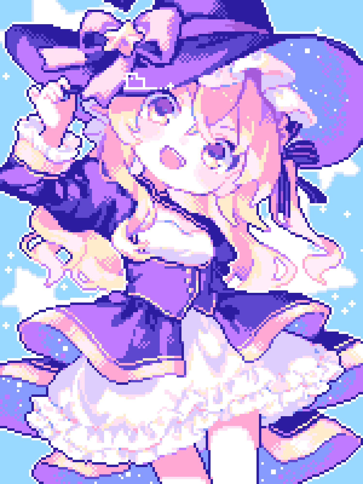 1girl, :d, ahiru_tokotoko, arm_up, blonde_hair, blue_background, blush_stickers, bow, commentary_request, cowboy_shot, crossed_bangs, double-parted_bangs, frilled_sleeves, frills, hair_between_eyes, hand_on_headwear, hat, hat_bow, highres, kirisame_marisa, long_hair, long_sleeves, looking_at_viewer, open_mouth, outline, pixel_art, purple_bow, purple_hat, purple_shirt, shirt, skirt, smile, solo, touhou, white_outline, white_skirt, witch_hat, yellow_eyes
