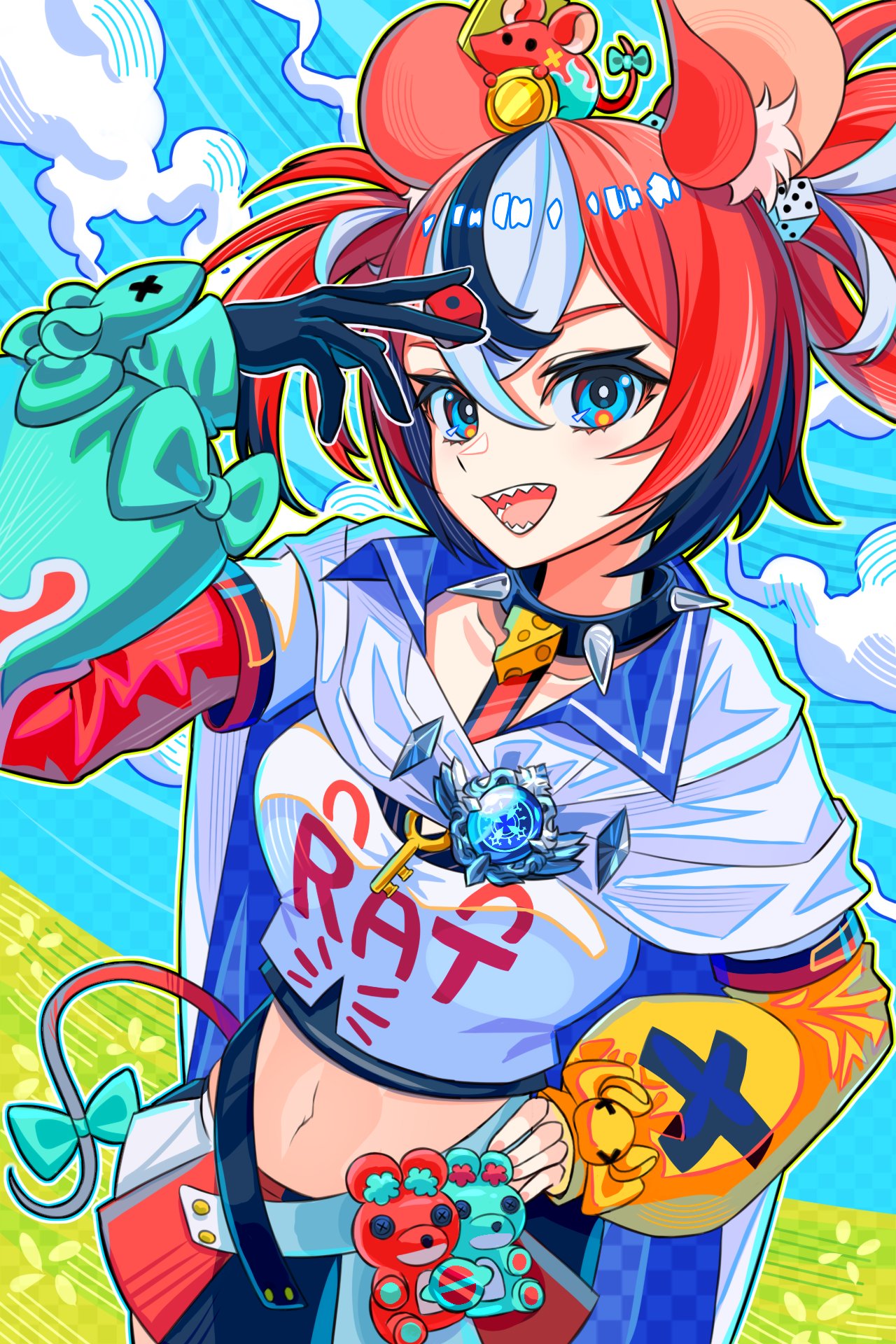 1girl, animal_ear_fluff, animal_ears, asymmetrical_sleeves, black_gloves, black_hair, black_streaks, blue_eyes