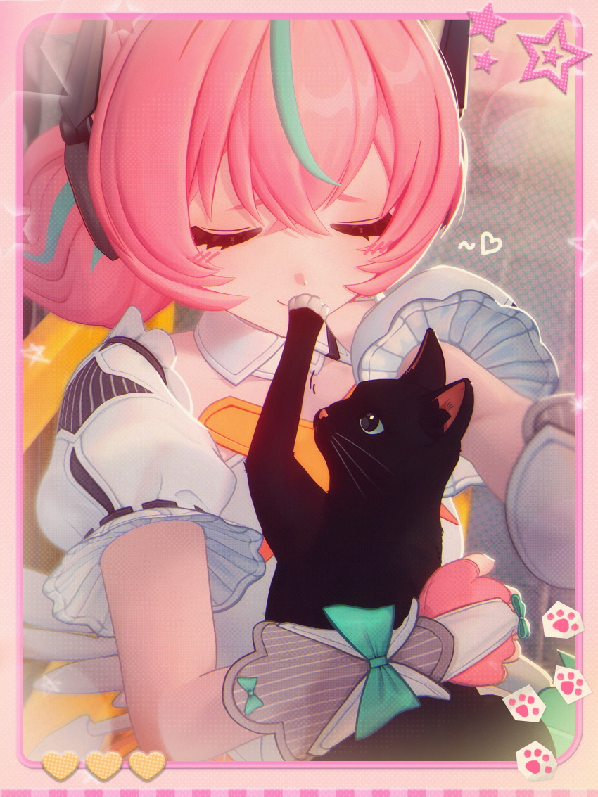 1girl, 3d, absurdres, affectionate, animal, aqua_bow, aqua_streaks, bell_sleeves