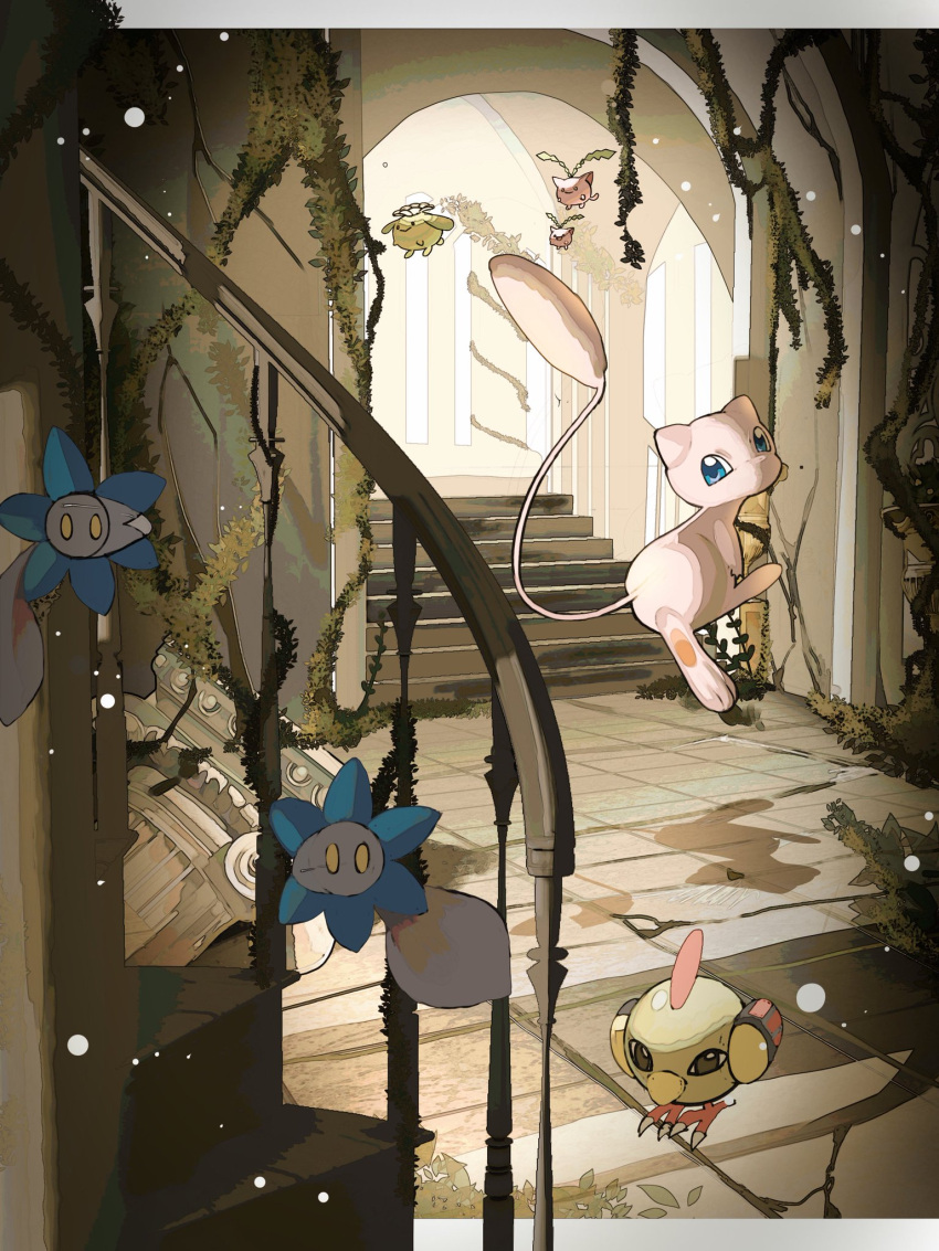 bird, blue_eyes, commentary_request, floating, glimmet, highres, hoppip, leaf