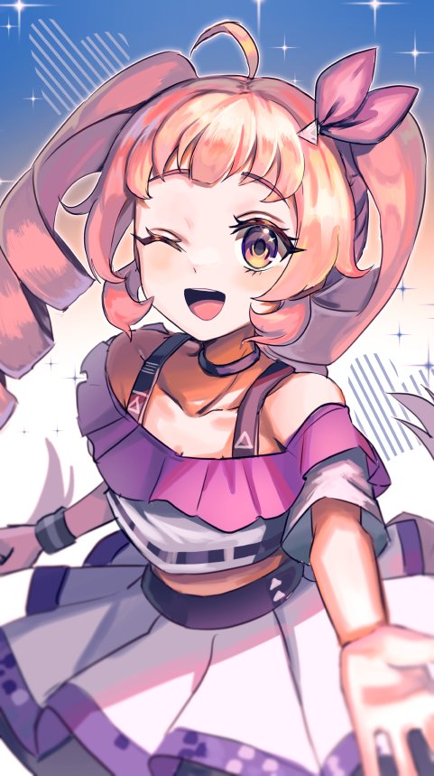 1girl, :d, ahoge, aozora_himari, bare_shoulders, black_choker, bow, choker, commentary, cropped_shirt, drill_hair, english_commentary, hair_bow, himitsu_no_aipri, idol, idol_clothes, light_blush, long_hair, midriff, off-shoulder_shirt, off_shoulder, one_eye_closed, pink_bow, pink_eyes, pink_hair, pleated_skirt, pretty_series, reaching, reaching_towards_viewer, roly, shirt, short_sleeves, skirt, smile, solo, sparkle, teeth, twintails, upper_teeth_only, white_skirt