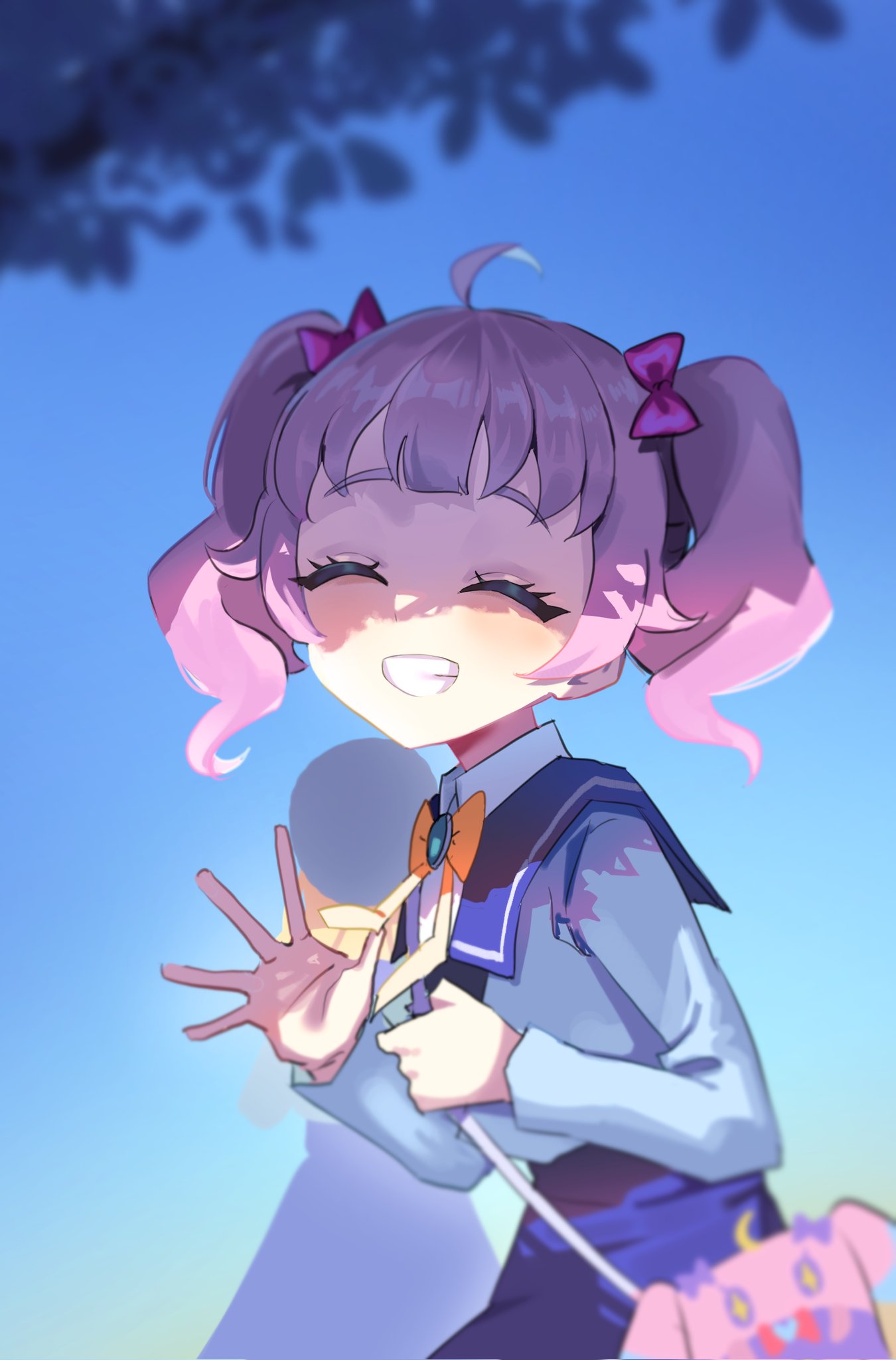1girl, ahoge, aozora_himari, bag, blue_gem, blue_sailor_collar, blue_shirt, blue_sky, blurry, blurry_background, bow, bowtie, closed_eyes, collared_shirt, commentary, dark, dress_shirt, facing_viewer, gem, grin, hair_bow, hands_up, highres, himitsu_no_aipri, light_blush, long_sleeves, night, outdoors, paradise_private_academy_school_uniform, pink_bow, pink_hair, pretty_series, roly, sailor_collar, salute, school_uniform, shirt, shoulder_bag, sky, smile, solo, spread_fingers, twintails, upper_body, wavy_hair, white_shirt, yellow_bow, yellow_bowtie