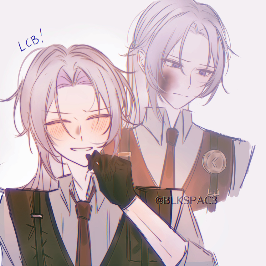 1boy, black_gloves, blkspac3, bruise, bruise_on_face, closed_eyes, closed_mouth, collared_shirt