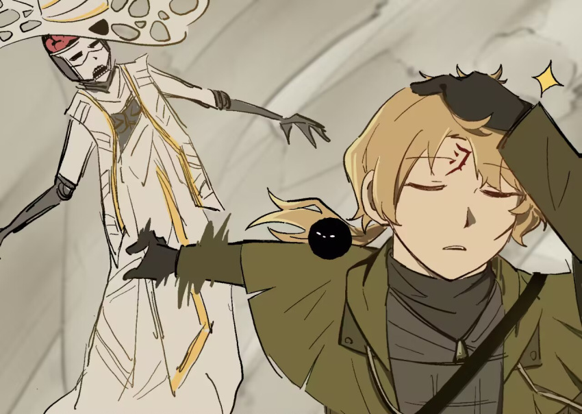 2boys, a_certain_sinclair_(project_moon), bird, black_bird, black_gloves, blonde_hair, callisto_(project_moon), closed_eyes, closed_mouth, coat, gloves, green_coat, hand_up, hat, jewelry, limbus_company, male_focus, meme, mubzhmngdedngp1, multiple_boys, naoya_hitting_choso_without_looking_(meme), necklace, open_mouth, parody, project_moon, prosthesis, prosthetic_arm, short_hair, sinclair_(project_moon), white_hat