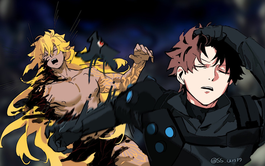 2boys, armor, blonde_hair, brown_hair, fate/grand_order, fate_(series), fujimaru_ritsuka_(male), fujimaru_ritsuka_(male)_(seven_heaven_mystic_code), goetia_(fate), king_of_men_goetia_(fate), meme, multiple_boys, naoya_hitting_choso_without_looking_(meme), ss_un17