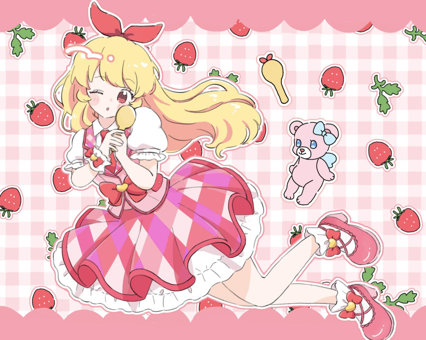 1girl, :o, aikatsu!, aikatsu!_(series), angely_bear_(aikatsu), bare_legs, blonde_hair, blue_eyes