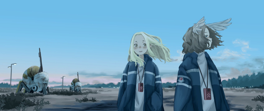 2girls, blonde_hair, blue_eyes, blue_jacket, blue_sky, blush, brown_hair, clouds, gradient_sky, grey_eyes, hands_in_pockets, hashtag-only_commentary, head_wings, highres, jacket, keycard, lamppost, landscape, lanyard, long_hair, medium_hair, multiple_girls, open_clothes, open_jacket, original, outdoors, pink_sky, sky, wings, yoshiryuu