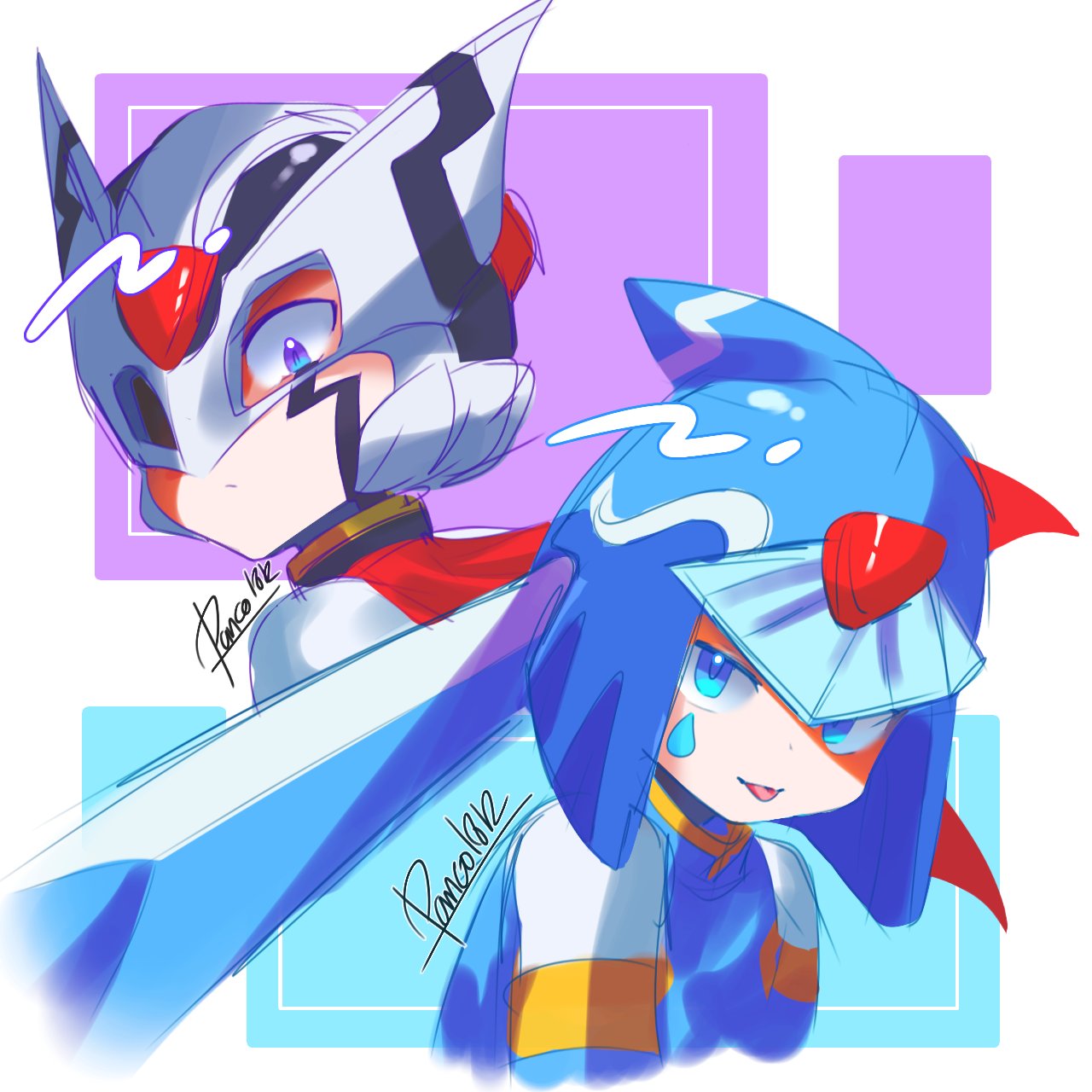 1boy, 1girl, black_helmet, blue_eyes, blue_helmet, facial_mark, fairy_leviathan_(mega_man), forehead_jewel
