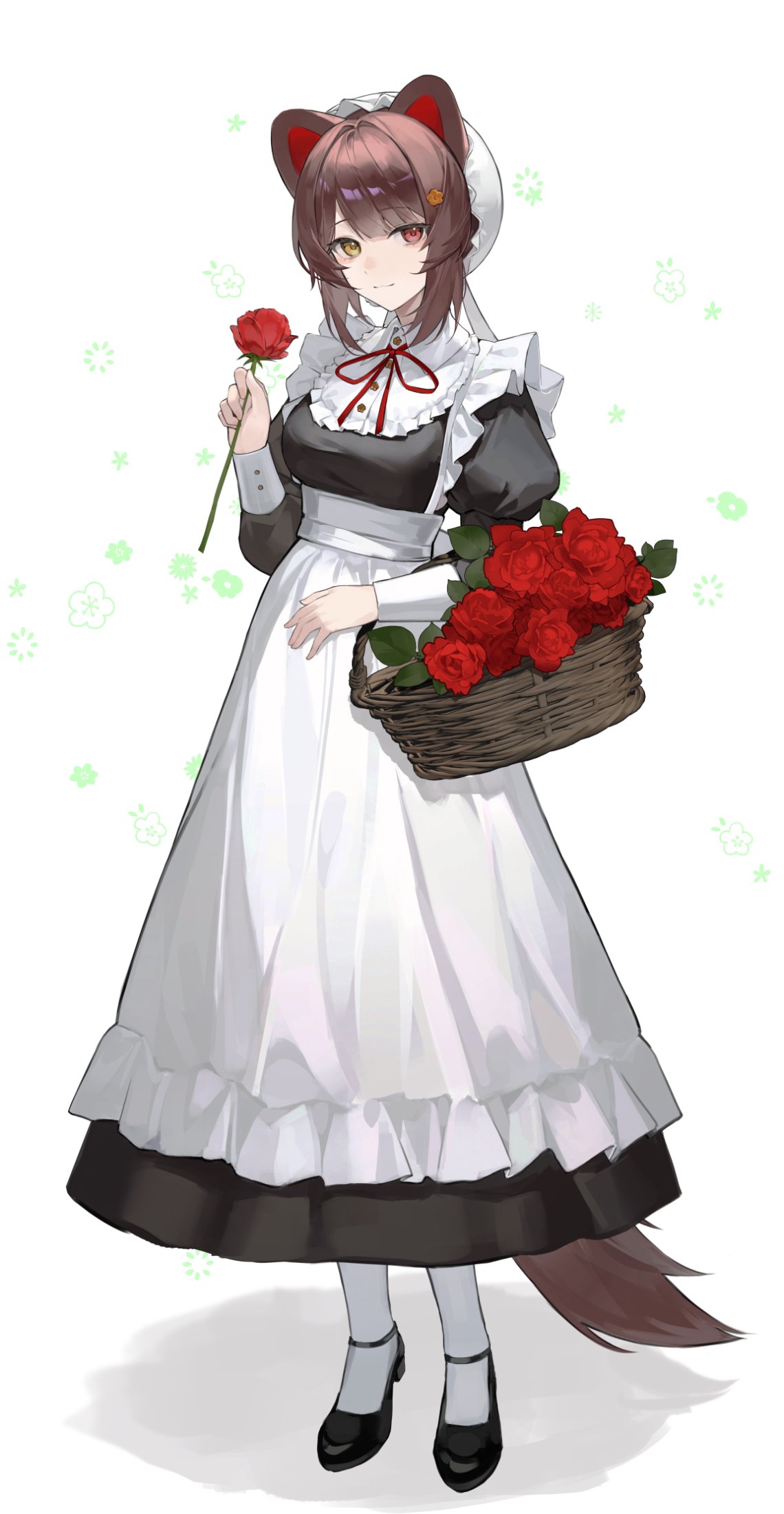 1girl, animal_ears, apron, basket, bib_collar, black_dress, black_shoes, bow, bowtie, breasts, brown_hair, brown_tail, cine_(wazd0183), closed_mouth, dog_ears, dog_girl, dog_tail, dress, eyeshadow, flower, frilled_apron, frills, full_body, hair_flower, hair_ornament, hand_up, hashtag-only_commentary, hat, heterochromia, high_heels, highres, holding, holding_basket, holding_flower, inui_toko, inui_toko_(western_maid), juliet_sleeves, long_dress, long_sleeves, looking_at_viewer, maid, makeup, medium_breasts, mob_cap, name_tag, neck_ribbon, nijisanji, pink_eyeshadow, puffy_sleeves, red_eyes, red_flower, red_ribbon, red_rose, ribbon, rose, shadow, shoes, sleeve_cuffs, smile, socks, solo, standing, swept_bangs, tail, underbust, virtual_youtuber, waist_apron, white_apron, white_background, white_bow, white_bowtie, white_hat, white_socks, yellow_eyes