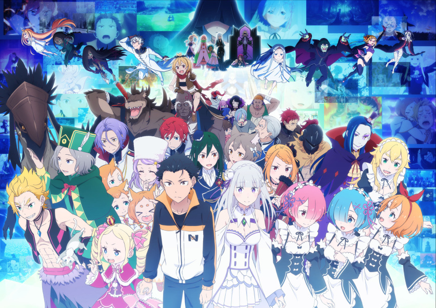 abs, aldebaran_(re:zero), anastasia_hoshin, animal_ears, barefoot, beatrice_(re:zero), black_hair, blue_eyes