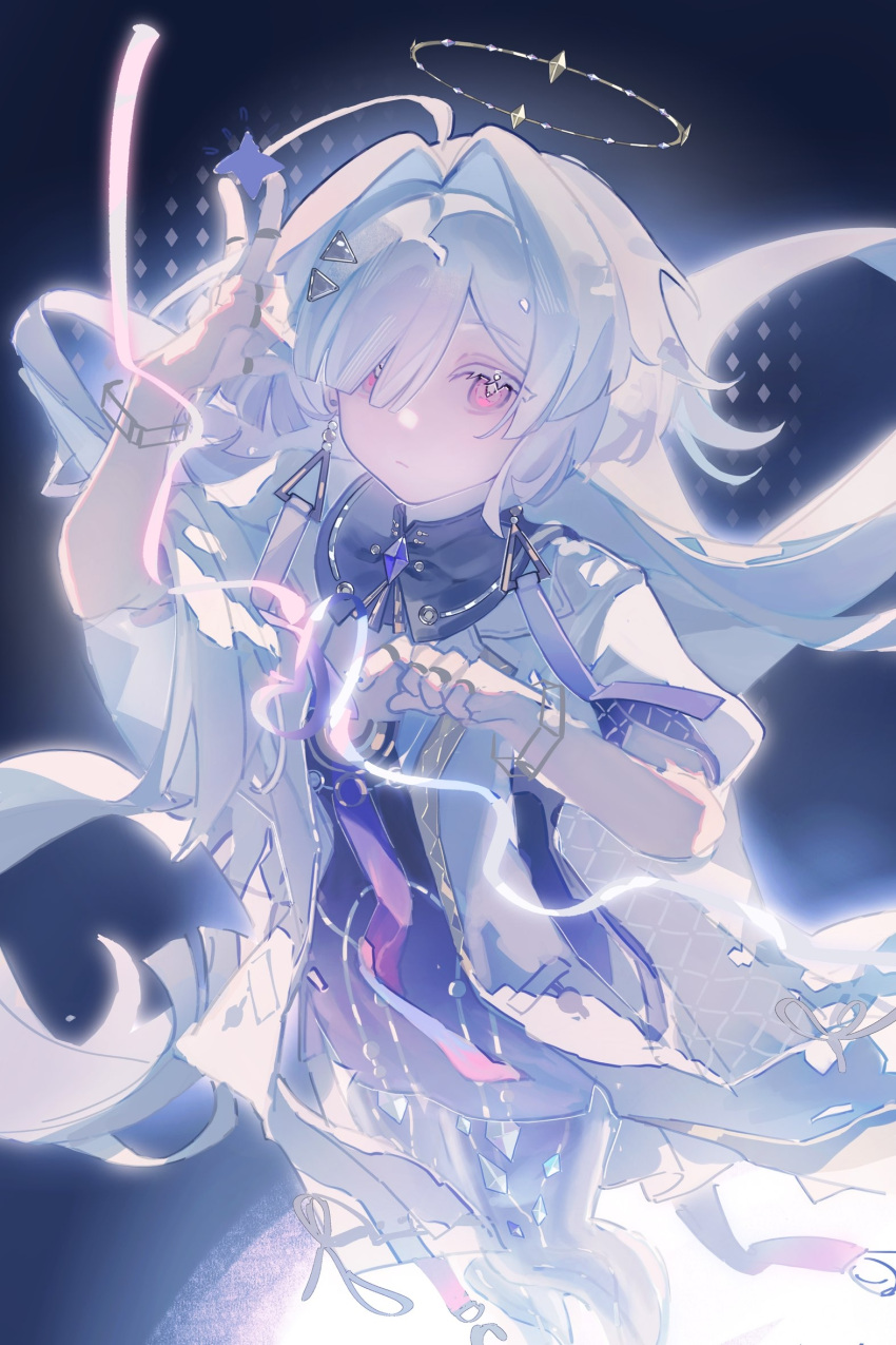 1girl, ahoge, black_background, bloom, bracelet, brooch, chinese_commentary, closed_mouth, colored_eyelashes, commentary_request, expressionless, feet_out_of_frame, floating_hair, from_above, hair_ornament, hair_over_one_eye, halo, highres, jacket, jewelry, long_bangs, long_hair, mornye_(wuthering_waves), multiple_rings, one_eye_covered, open_clothes, open_jacket, prosthesis, prosthetic_leg, puffy_short_sleeves, puffy_sleeves, red_eyes, ring, short_sleeves, shuiyuan, solo, standing, triangle_hair_ornament, very_long_hair, white_eyelashes, white_hair, white_jacket, wuthering_waves