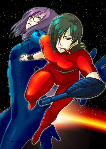 allelujah_haptism, arm_cannon, belt, bodysuit, boots, cigar, cobra, cobra_(cosplay), cosplay, glasses, green_eyes, green_hair, gun, gundam, gundam_00, hair_over_one_eye, inobori_kaeru, lady_armaroid, lady_armaroid_(cosplay), male, multiple_boys, parody, psychogun, purple_hair, red_eyes, skin_tight, space_adventure_cobra, tieria_erde, weapon, wristband