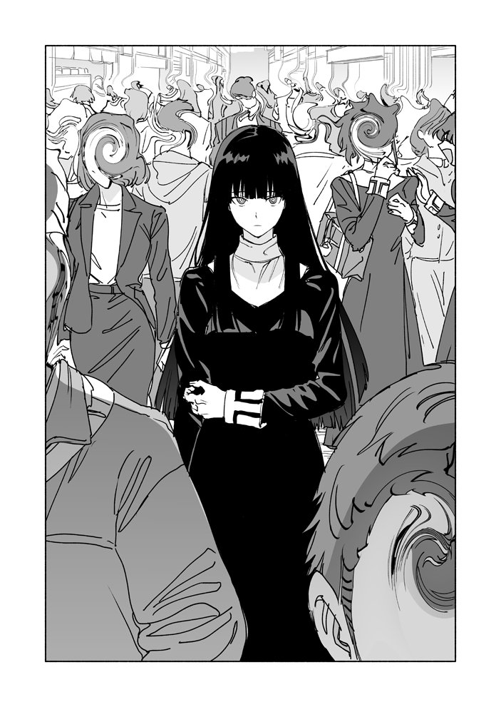 asagami_fujino, bag, birdhatter, crowd, distortion, dress, greyscale, holding_own_stomach