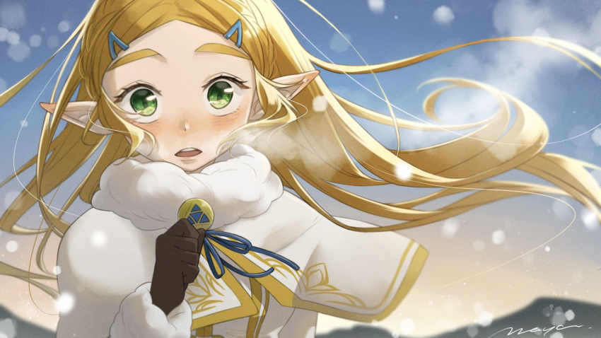 1girl, blonde_hair, blush, brown_gloves, coat, commentary_request, gloves, gold_trim