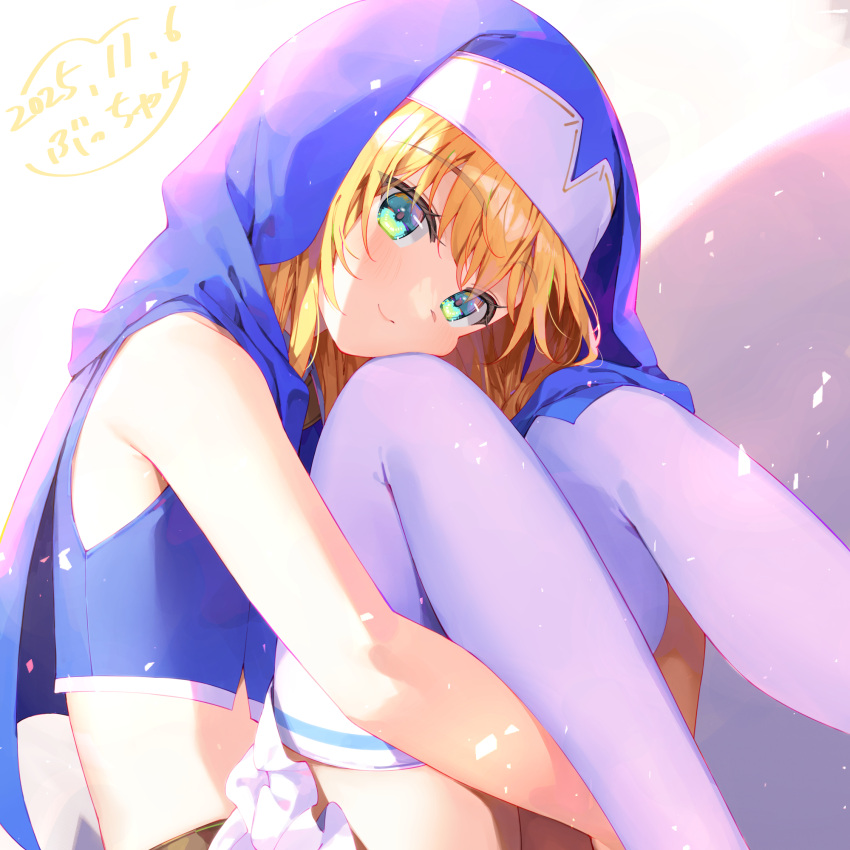1girl, 2025, bare_arms, blonde_hair, blue_hoodie, bucchake_(asami), crop_top, from_side