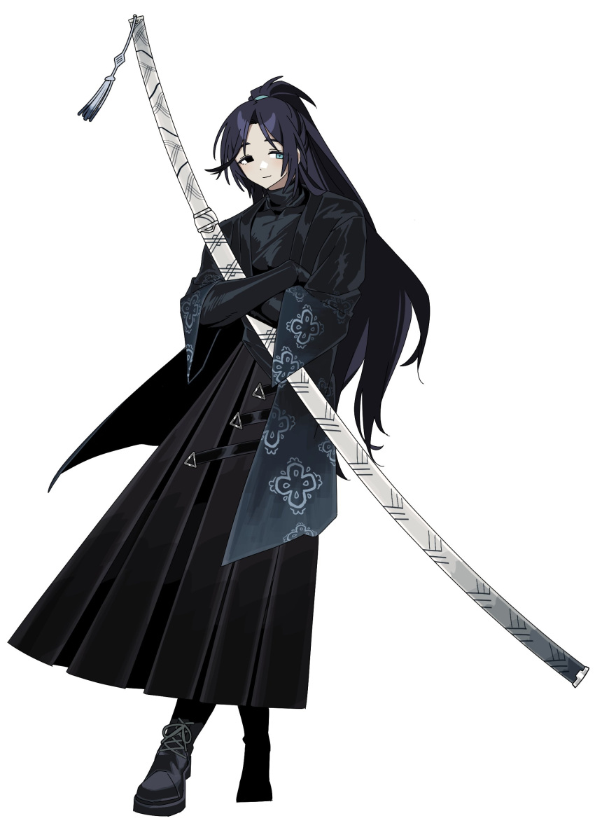 absurdres, angellyuna, black_eyes, black_hair, black_shirt, black_shoes, blue_eyes, closed_mouth