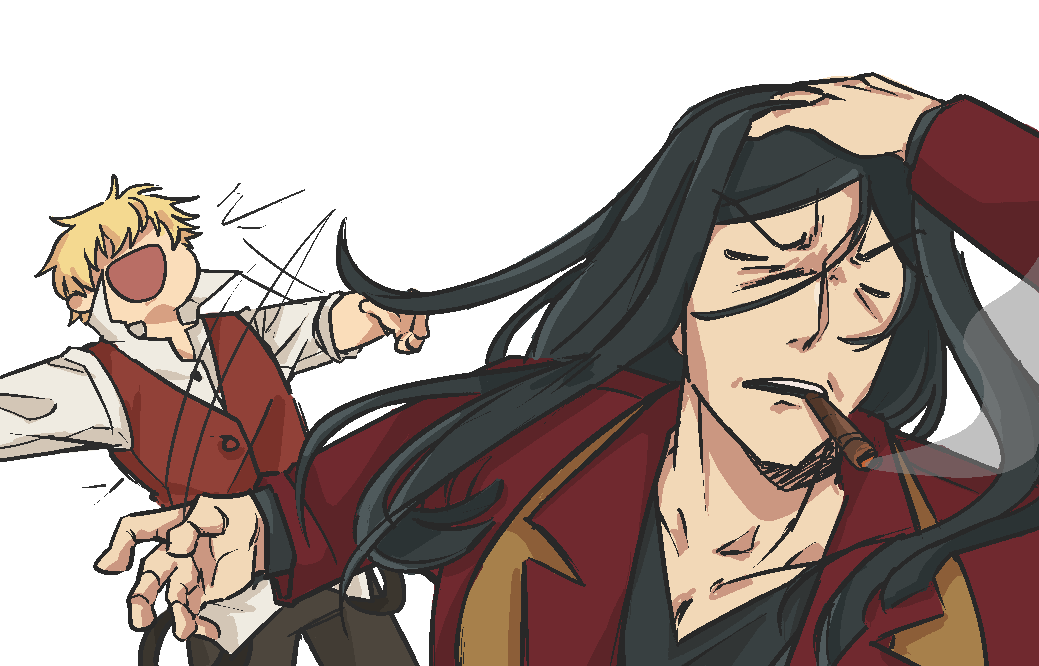 2boys, black_hair, blonde_hair, brown_vest, cigar, closed_eyes, coat, commentary