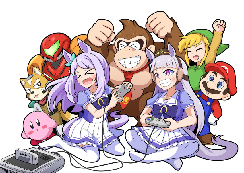 >_<, 3girls, animal_ears, aonoji, ape, blonde_hair, blue_eyes, blue_overalls, blunt_bangs, blush, blush_stickers, bow, bowtie, breasts, brown_hair, brown_hat, closed_eyes, closed_mouth, commentary_request, donkey_kong, donkey_kong_(series), donkey_kong_country, ear_bow, ear_ribbon, facial_hair, fox_mccloud, furry, furry_male, game_console, gloves, gold_ship_(umamusume), gorilla, green_tunic, grey_hair, grin, hat, highres, horse_ears, horse_girl, horse_tail, kirby, kirby_(series), link, long_hair, mario, medium_breasts, mejiro_mcqueen_(umamusume), metroid, multiple_boys, multiple_girls, mustache, necktie, open_mouth, overalls, pillbox_hat, pleated_skirt, power_suit_(metroid), puffy_short_sleeves, puffy_sleeves, purple_bow, purple_bowtie, purple_hair, purple_shirt, red_hat, red_necktie, red_shirt, sailor_collar, sailor_shirt, samus_aran, school_uniform, shirt, short_hair, short_sleeves, sitting, skirt, smile, star_fox, super_mario_bros., super_nintendo, super_nintendo_controller, sweatdrop, tail, teeth, the_legend_of_zelda, thigh-highs, tongue, tongue_out, tracen_school_uniform, tunic, umamusume, violet_eyes, white_gloves, white_sailor_collar, white_thighhighs, zettai_ryouiki