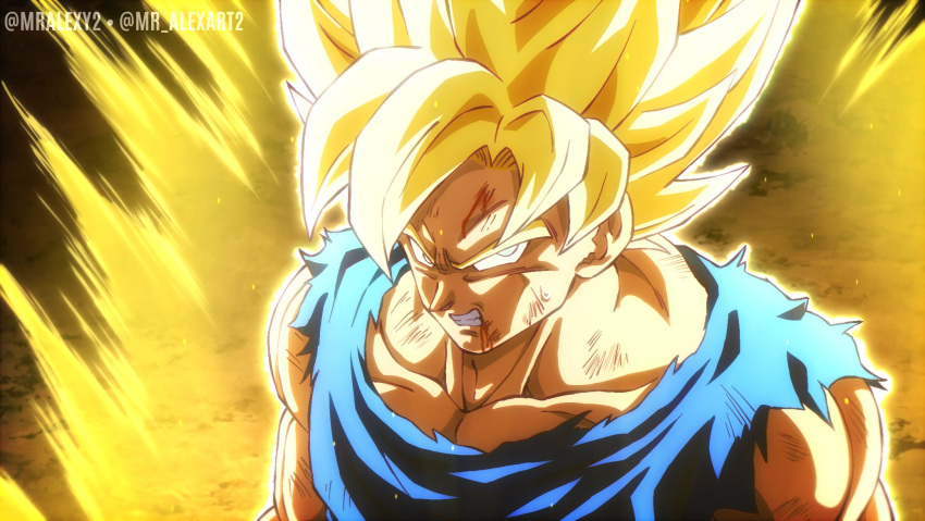 1boy, aura, blonde_hair, blue_shirt, clenched_teeth, commentary, dragon_ball, dragon_ball_z, english_commentary, green_eyes, highres, mralexy2, muscular, muscular_male, shirt, solo, son_goku, spiky_hair, super_saiyan, super_saiyan_1, teeth, upper_body