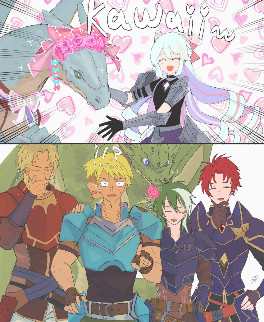 !?, 5boys, armor, belt, black_gloves, blonde_hair, bow, commentary