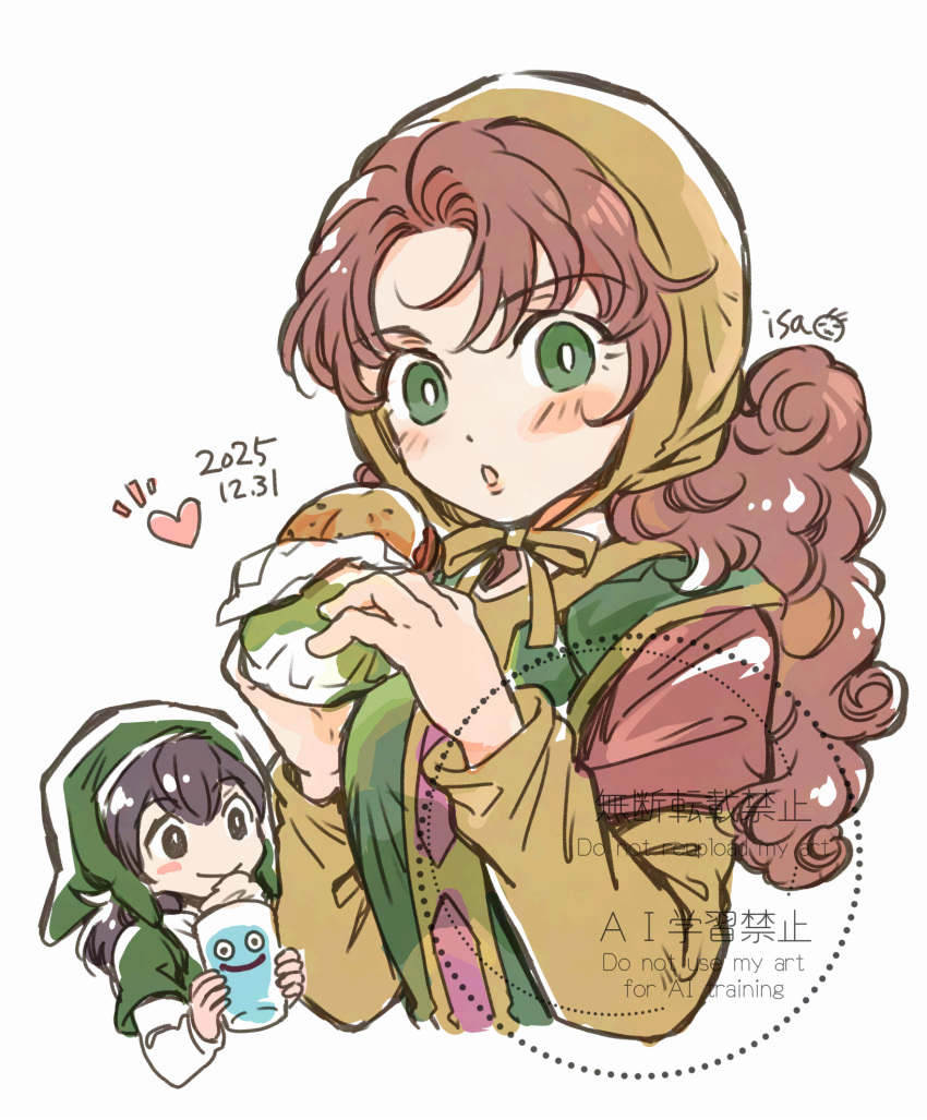 1boy, 1girl, black_hair, blush, bonnet, breasts, brown_hair, burger, character_cup, commentary_request, cup, curly_hair, dated, disposable_cup, dragon_quest, dragon_quest_vii, fast_food, food, green_eyes, green_hair, green_tunic, green_vest, hero_(dq7), highres, holding, holding_burger, holding_cup, holding_food, isa_(chiyo-s), long_hair, maribel_(dq7), medium_breasts, parted_lips, shirt, slime_(dragon_quest), smile, tunic, upper_body, vest, white_background, yellow_bonnet, yellow_shirt