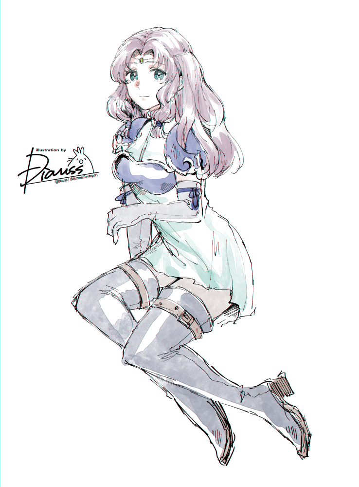 1girl, armor, artist_logo, belt, black_boots, blue_eyes, boots, breastplate