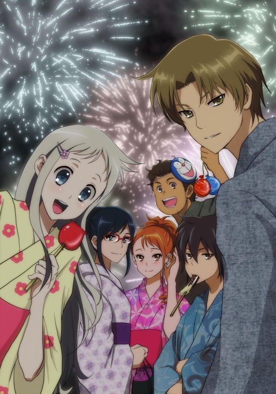 alternate_hairstyle, anjou_naruko, ano_hi_mita_hana_no_namae_wo_bokutachi_wa_mada_shiranai, candy_apple, everyone, fireworks, hisakawa_tetsudou, honma_meiko, japanese_clothes, kimono, mask, matsuyuki_atsumu, ponytail, shiroyasha, tsurumi_chiriko, yadomi_jinta, yukata
