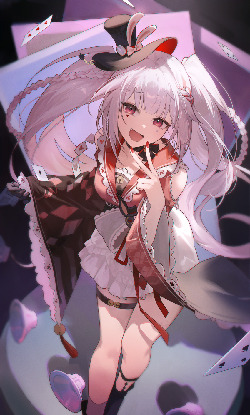 1girl, :d, absurdres, animal_ears, black_gloves, black_hat, braid, breasts, clothing_cutout, commentary, diamond_(shape), diamond_facial_mark, facial_mark, gloves, hat, heart, heart_facial_mark, highres, honkai:_star_rail, honkai_(series), long_hair, long_sleeves, looking_at_viewer, nannaspad, rabbit_ears, red_eyes, shoulder_cutout, single_glove, smile, solo, spade_(shape), sparkle_(honkai:_star_rail), sparxie_(honkai:_star_rail), standing, thigh_strap, top_hat, twintails, v, white_hair, wide_sleeves